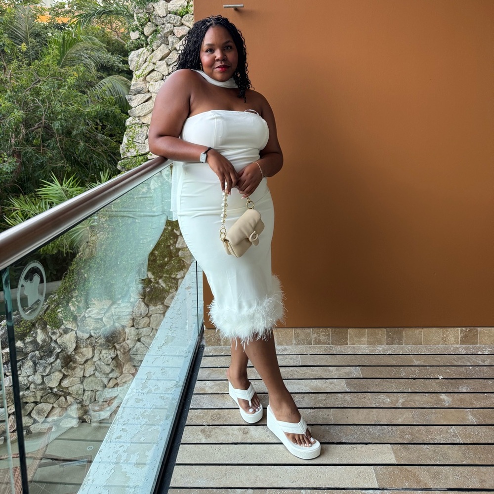 Lulu's Feather Late Than Never White Strapless Feather Midi Dress